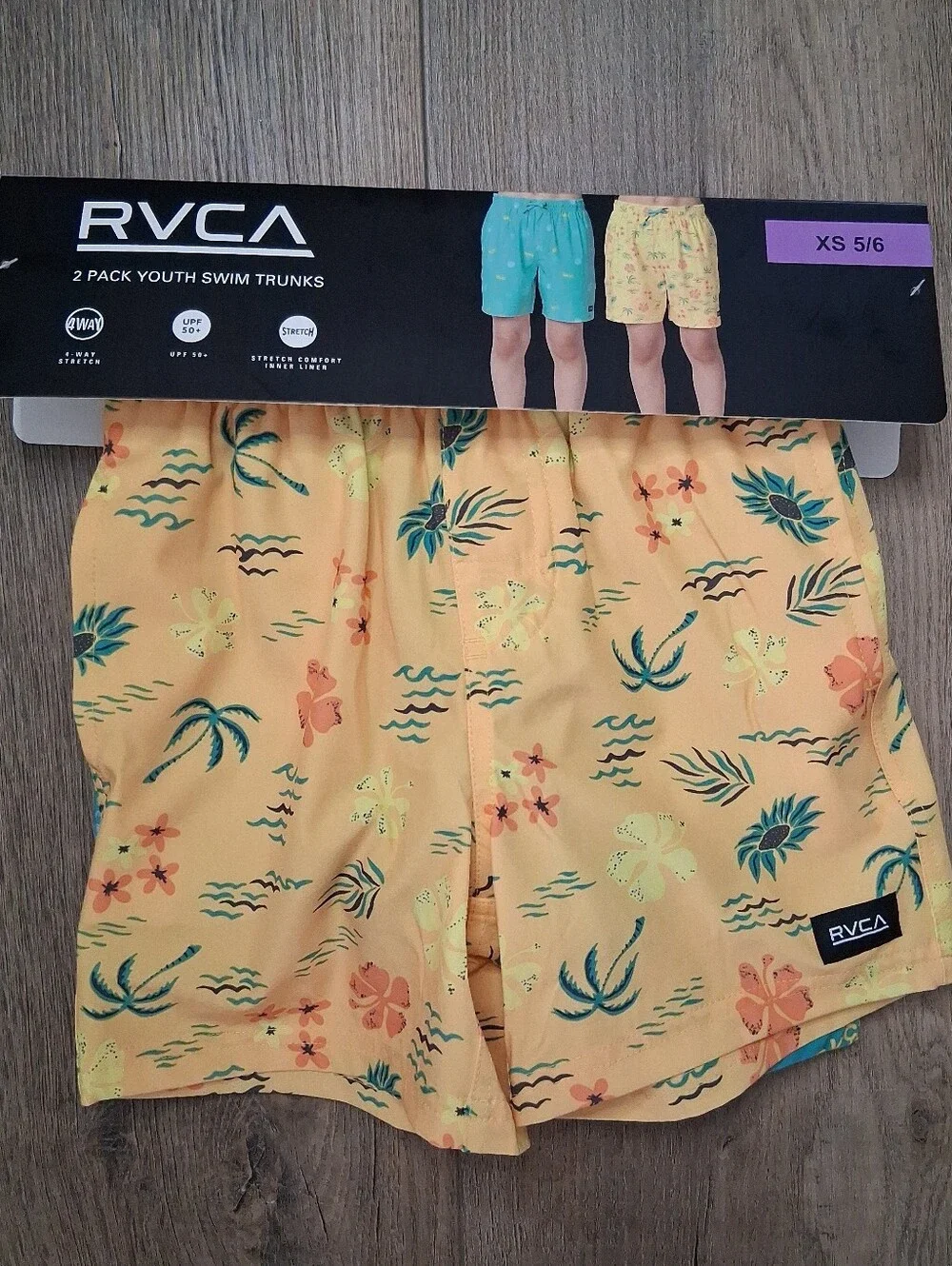 RVCA Boys XS 5/6 Swim Trunks 2-PackYellow Tropic & Blue RVCA Print